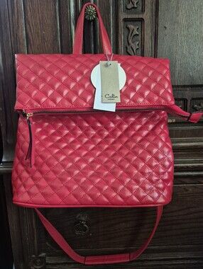 New Calin Collection Vegan Vibrant Red Quilted foldover Convertible Backpack NWT